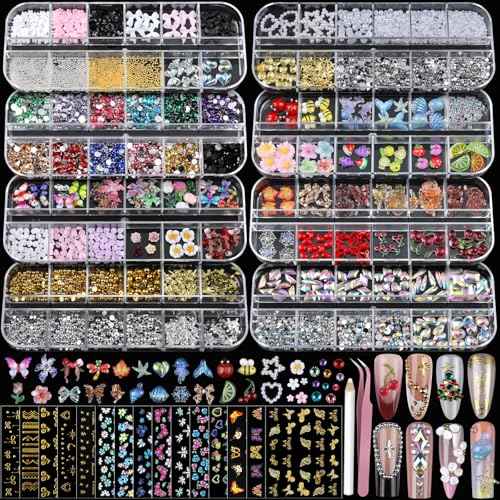 Teentior Nail Charms Nail Stickers with Nail Gems Kit, 8 Boxes Nail Art Rhinestones Gold Rhinestones for Nails, Nail Charms and Gems Pearls for Nails, 3D Nail Art Design Kit Nail Decorations for Women