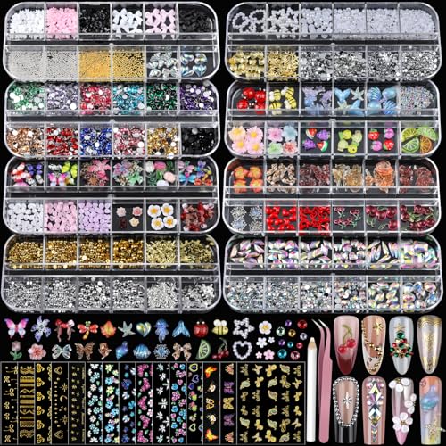 Teenitor Nail Charms & Rhinestones Kit for Nail Art, 8 Boxes & Gems Set