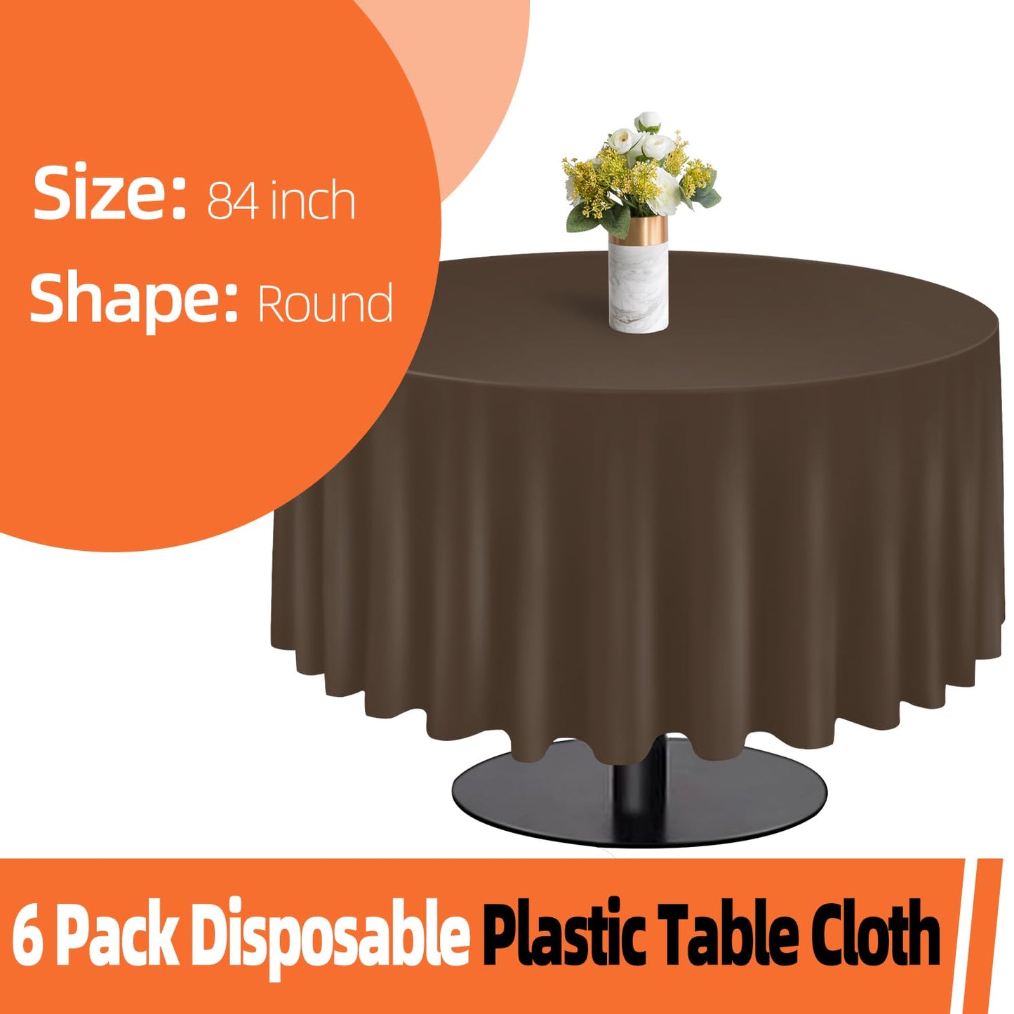 tujol Brown 6 Pack Plastic Table Cloth 84", Disposable Round Tablecloth Table Cover, Plastic Table Cloths for Parties