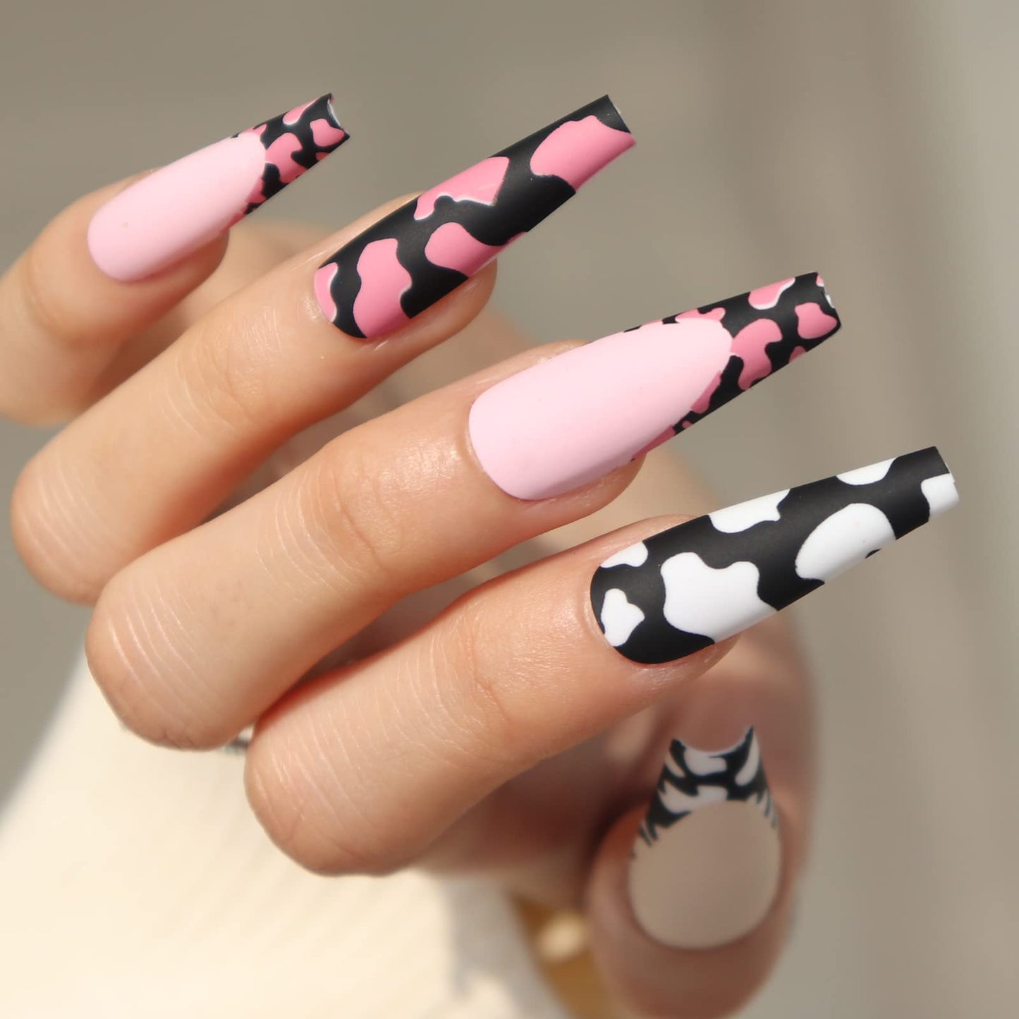 BABALAL Long Press on Nails Coffin Fake Nails Cow Print Nails Ballerina Nails Matte False Nails for Women and Girls