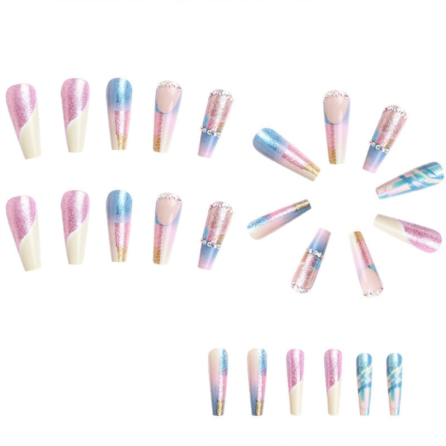 Long Press on Nails Coffin Fake Nails Press ons Full Cover Stick on Nails with Colorful Sequins Designs Acrylic False Nails Rhinestones Matte with Glue on Nails for Women 24 Pcs