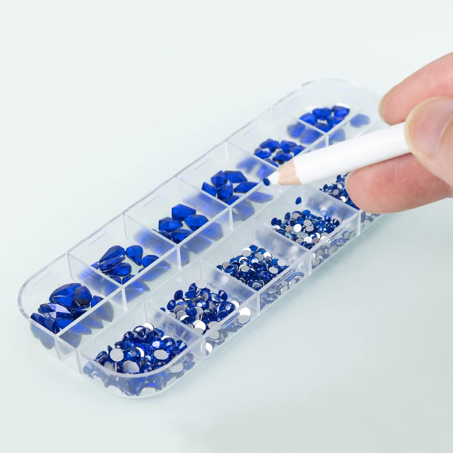 QEZEZA Nail Art Rhinestones Kit, Rhinestone Nail Face Gems, Nail Art Ab Flatback Rhinestones Gems Stones with Storage Organizer Box, (1.5mm - 10mm) 1000PCS 12 Sizes - Blue