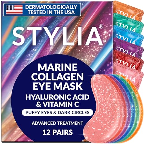 Stylia Under Eye Patches for Dark Circles and Puffy Eyes (6 Pairs), Marine Collagen Eye Mask for Puffiness with Vitamin C, Hyaluronic Acid, Pearl Extract, Eye Gel Pads for Dark Circles and Puffiness
