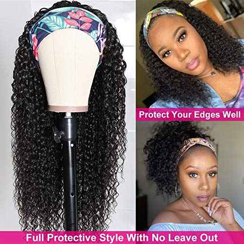 Eooma Curly Headband Wig Human Hair Wigs for Black Women (14 inch) Brazilian Curly None Lace Front Wigs Human Hair Scarf No Gel Gluelees Remy Hair Headband Wig