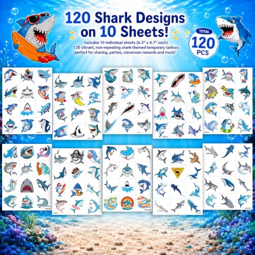 120 PCS Shark Temporary Tattoos for Kids | Pre-Cut