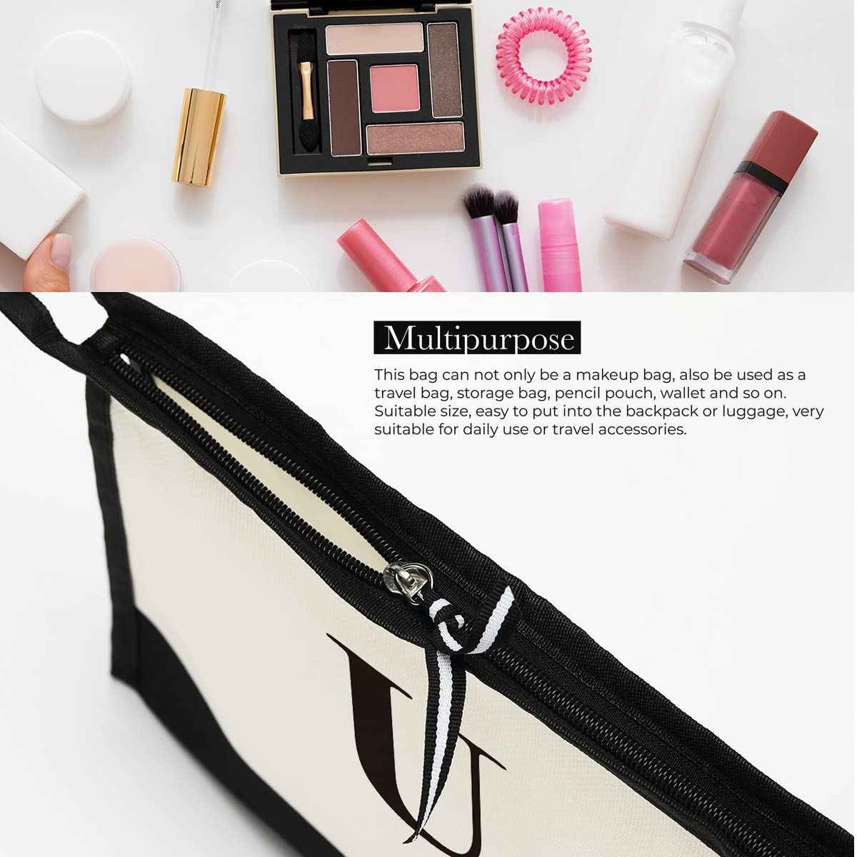 HODREU Monogrammed Cosmetic Bag, Women's Travel Makeup Bag, Personalized Initials, Black, 11" x 7" x 2.1"