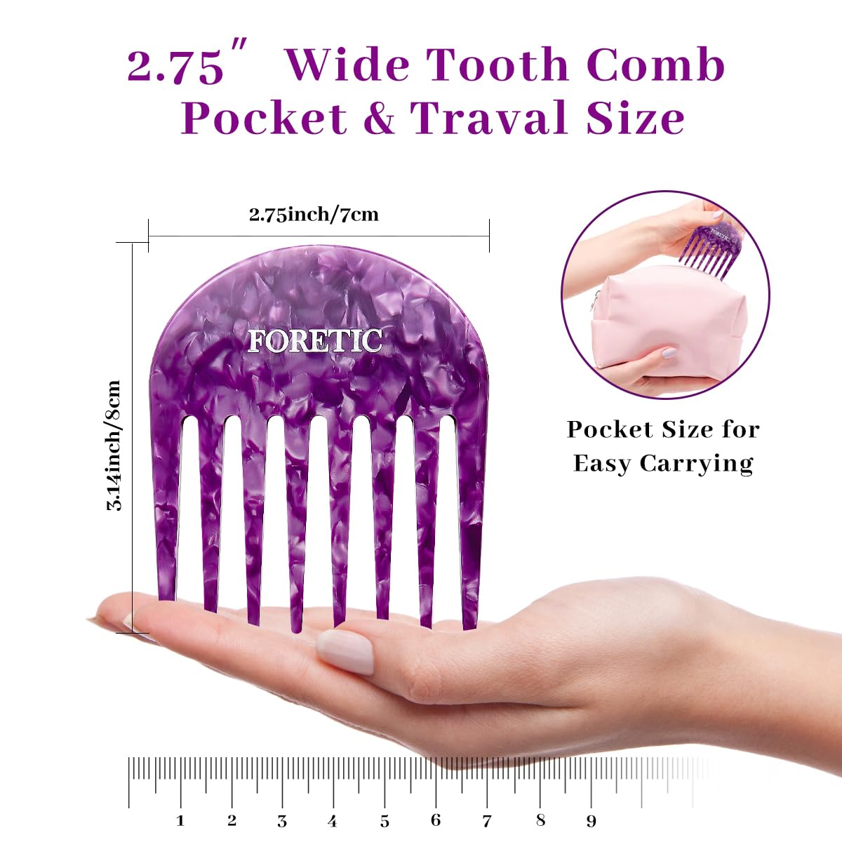 Foretic Handmade Bright Violet Wide Tooth Comb for curly hair.Small Wide Tooth Comb for Long and short Hair Detangler Comb For Wet and Dry. Professional hair cutting combs-3.14Inch