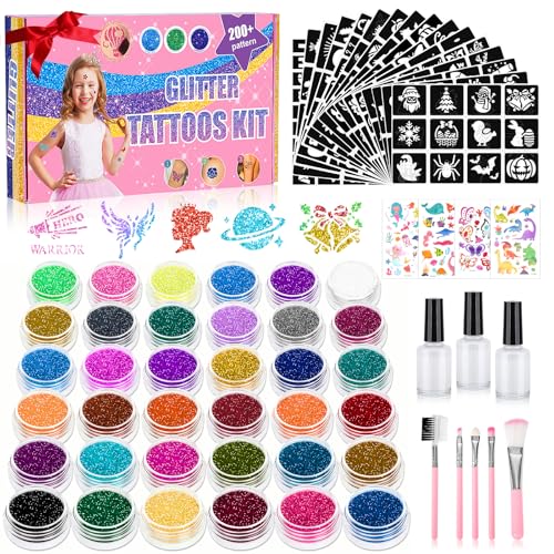 Temporary Glitter Tattoo Kit for Kids - 220 Stencils, 36 Colors