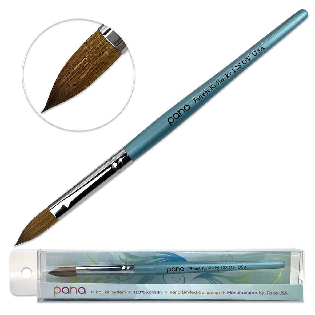 PANA Pure Kolinsky Hair Acrylic Nail Brush - Oval Crimped Teal Wood Handle (Size 12)