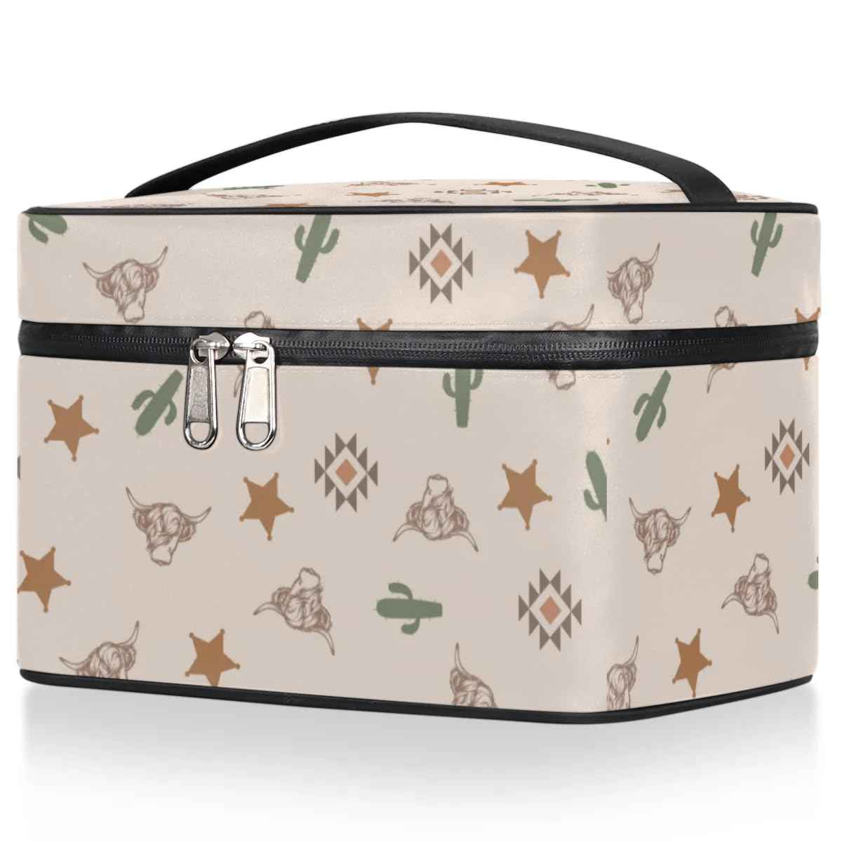 OMFUNS Highland Cow Makeup Bag, Western Cactus Travel Cosmetic Bag for Women Girls Large Capacity Make Up Case Cosmetic Organizer Toiletry Bag Zipper Pouch