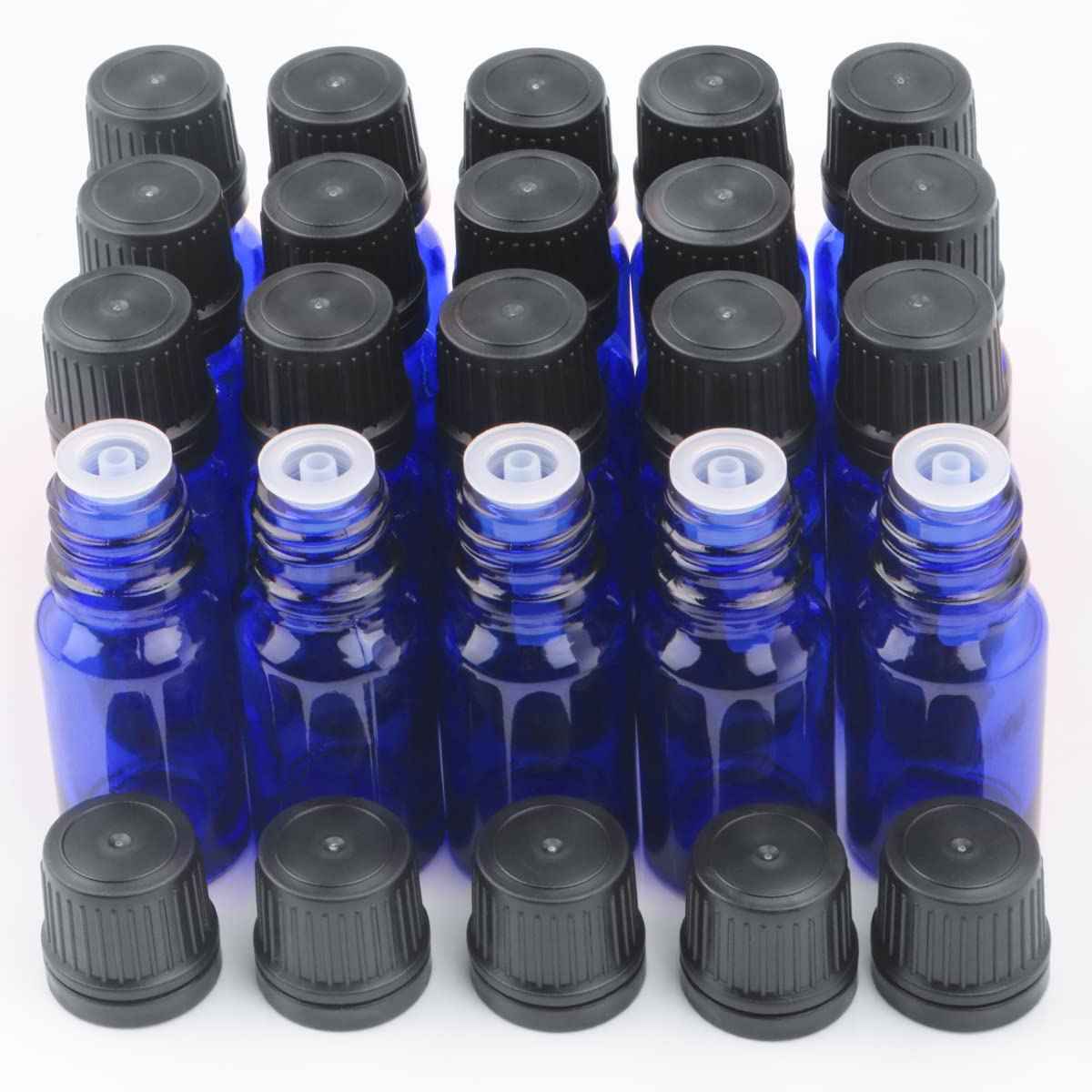 BOSMIOW 10 ml(1/3 oz) Sample Glass Bottles For Essential Oils 20 Pcs Empty Glass Dropper Vials With Orifice Reducers For DIY Perfume Aromatherapy Fragrance Cosmetic Oils (blue)