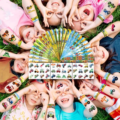 60-Piece Tractor Party Favors Set: 36 Tattoos & 24 Slap Bracelets