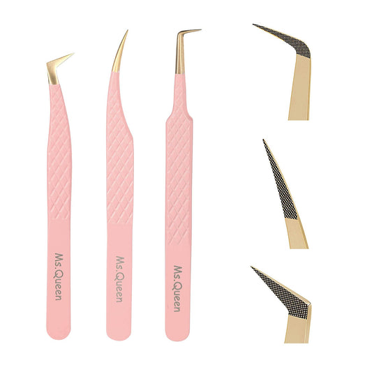 Ms.Queen Lash Tweezers for Eyelash Extensions,Precision 3Pcs Fiber Tip Grip 90 Degree L-Shaped Boot Volume Dolphin Isolation Eyelash Tweezers Set