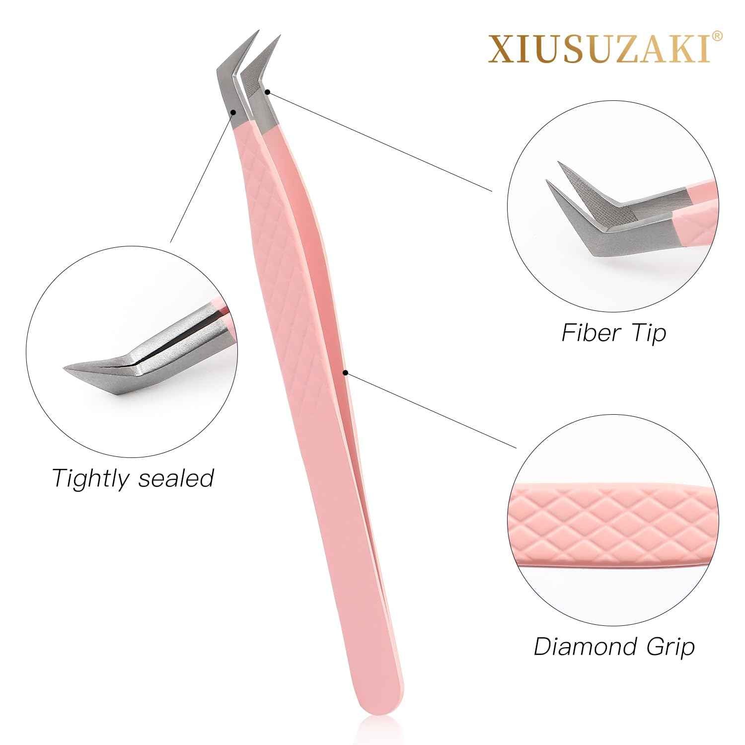 Lash Tweezers For Eyelash Extensions Fiber Tip Lash Tweezers Pink Straight/Curved Tweezer(Pink,X04)