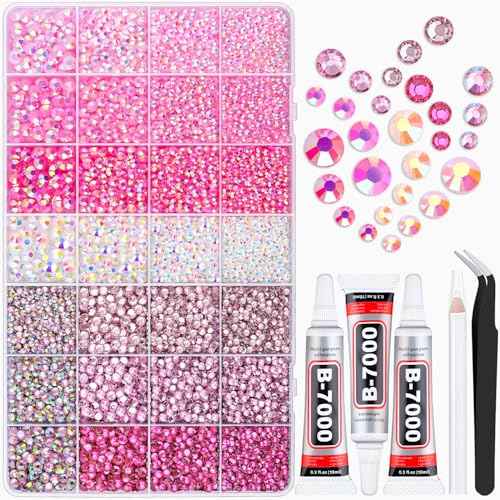 20000Pcs Pink Rhinestones for Bedazzling with B7000 Jewelry Glue, Resin Rhinestones for Crafting Crafts DIY, Bedazzler Kit Gems for Clothing Shoes Tumblers Fabric Nail Art Assorted Size 3/4/5/6mm