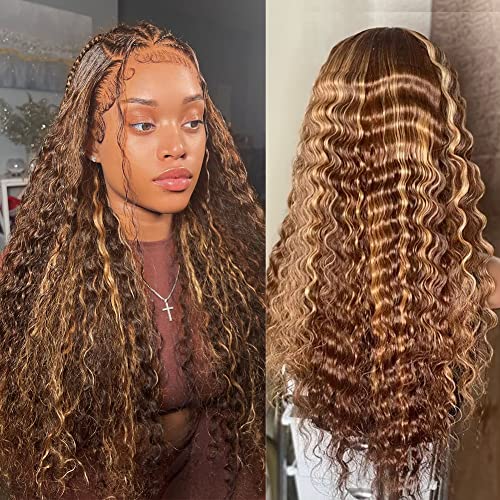 XZZ Ombre Highlight Lace Front Wigs Human Hair 4/27 Colored 150% Density Curly Honey Blonde Wig Colored Human Hair 13X4 HD Lace Frontal Wigs Pre Plucked Hairline with Baby Hair 22 Inch