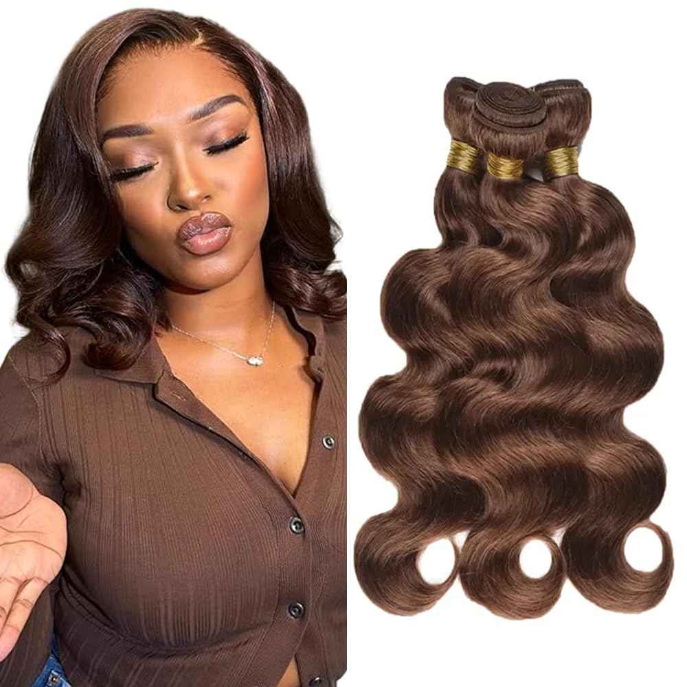Color 4 Bundles Human Hair Dark Brown Body Wave Bundles Double Weft Brazilian Virgin Chocolate Brown Human Hair Extensions Silky and Soft for Black Women (10 12 14 inch 3 Bundles)