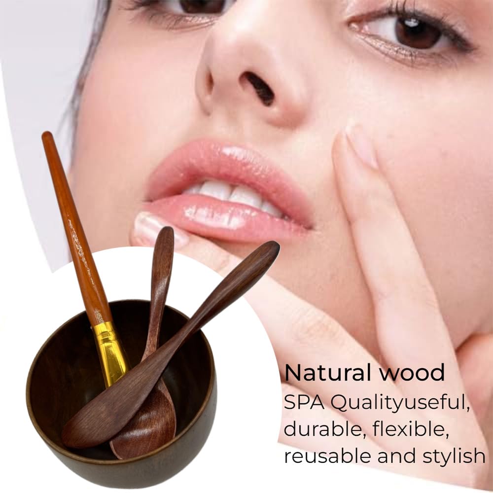 BEECO GIF2U Face Mask Mixing Bowl Set Brown Wood,4 Pack Diy Facial Tools For Skin Care,Facemask Mixing Tool Kit With Facial Mask Bowl,Spatula,Spoon,Brush Applicator,Facial Esthetician Supplies