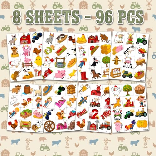 Farm Animal Temporary Tattoos, 96 PCS (8 Sheets) for Kids