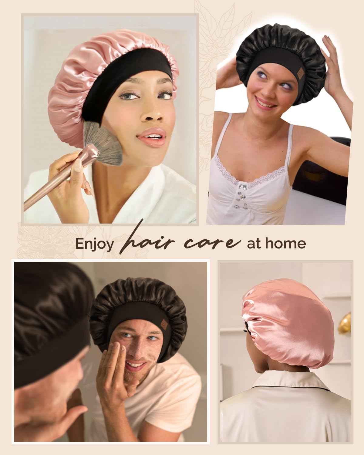 Hat Hut Satin Bonnet Silk Bonnet Sleep Cap for Women Hair Bonnet for Curly Natural Hair Sleeping Adjustable Wide Band Double Layer (Black)