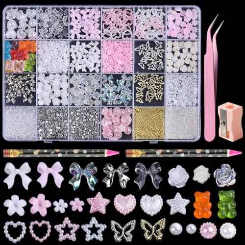 3D Nail Charms Bulk - Mix Assorted Colorful Nail Art Charms with Flowers, Hearts, Pearls, Butterflies, Bows & Crystals - Includes Pickup Tool