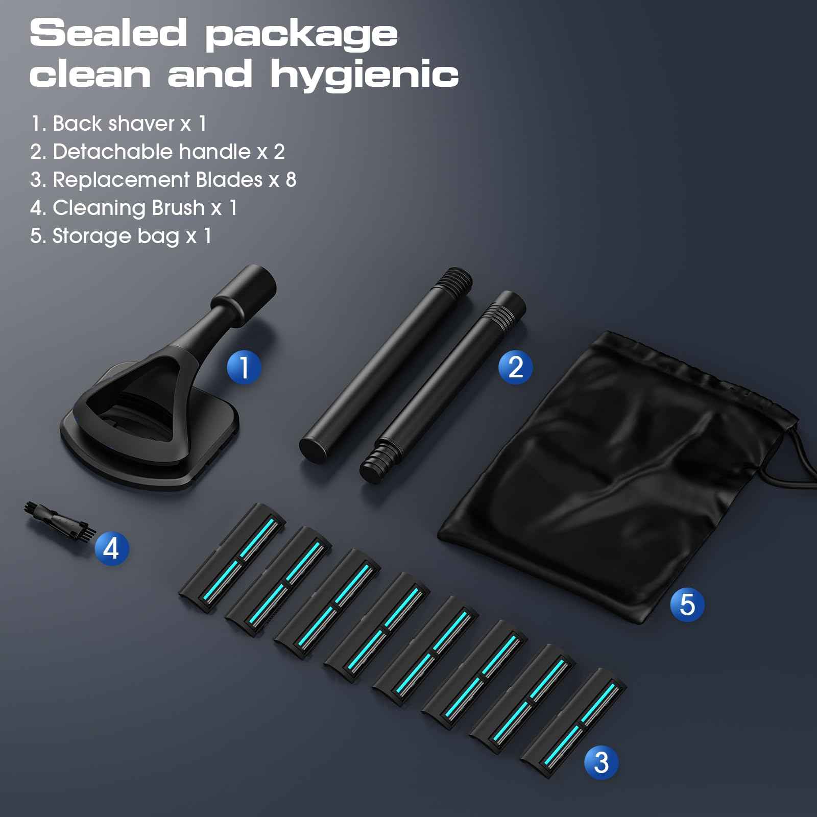 ZOMU Back Shavers for Men:Back Hair Shaver and Body Shavers for Men with Safety Blade Technology & Ergonomic DIY Long Handle, Wet or Dry Shaving-Black(Replaceable 8PCS 3.5inch Blades Included)