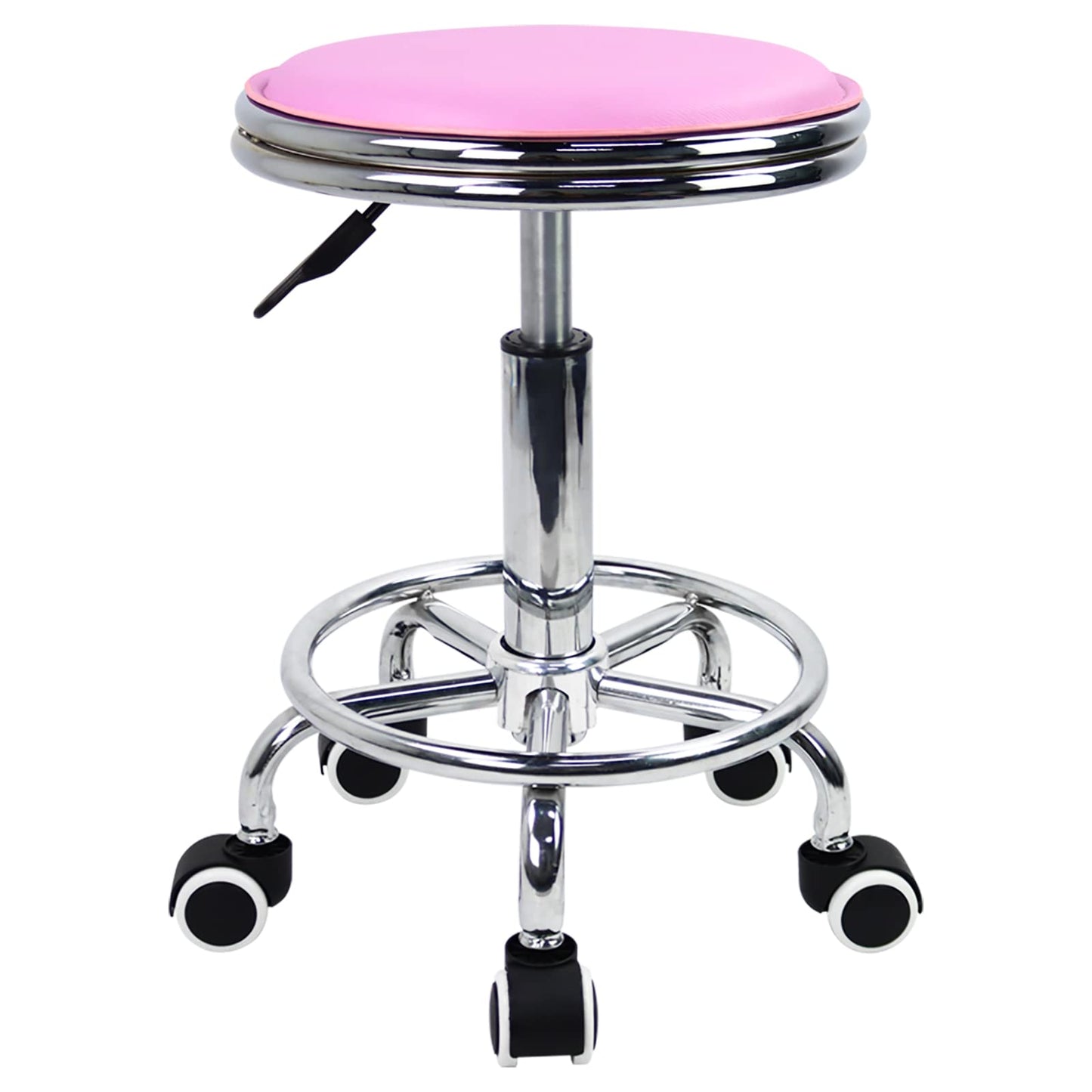 KKTONER Round Rolling Stool with Foot Rest PU Leather Height Adjustment Modern Industrial Metal Style Swivel Spa Salon Tattoo Work Massage Stools Small (Purple Pink)