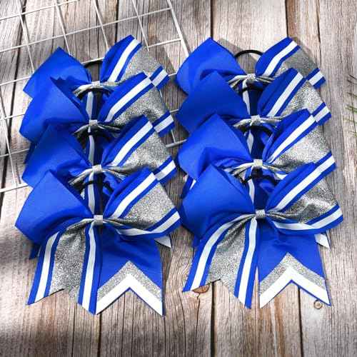 8 PCS Large Glitter Cheer Bows 8" Hair Bows Sparkly Cheerleading Softball Team Bow Hair Ponytail Holder Accessories for cheerleaders football Competition Sports- Silver Blue White