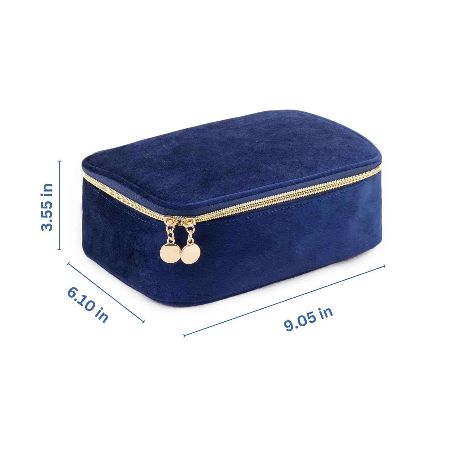KOPY Velvet Makeup Bag for Women, Large and Classy Makeup Organizer, Make Up Travel Toiletry Bag Portable With Handle (Navy)