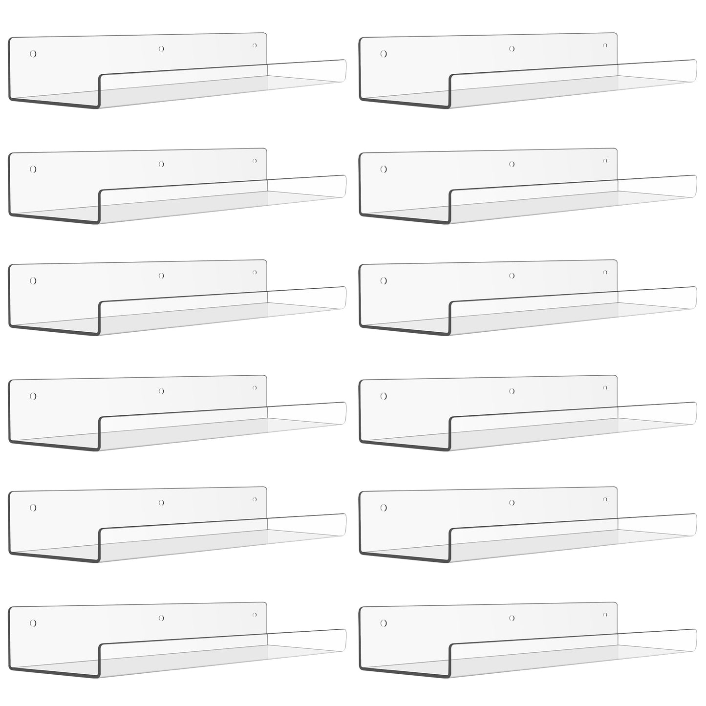 upsimples 12 Pack Acrylic Shelves for Wall Storage, 15" Floating Bookshelves for Kids, Display Shelf Organizer for Bathroom, Bedroom, Living Room, Kitchen, Room Decor, Clear