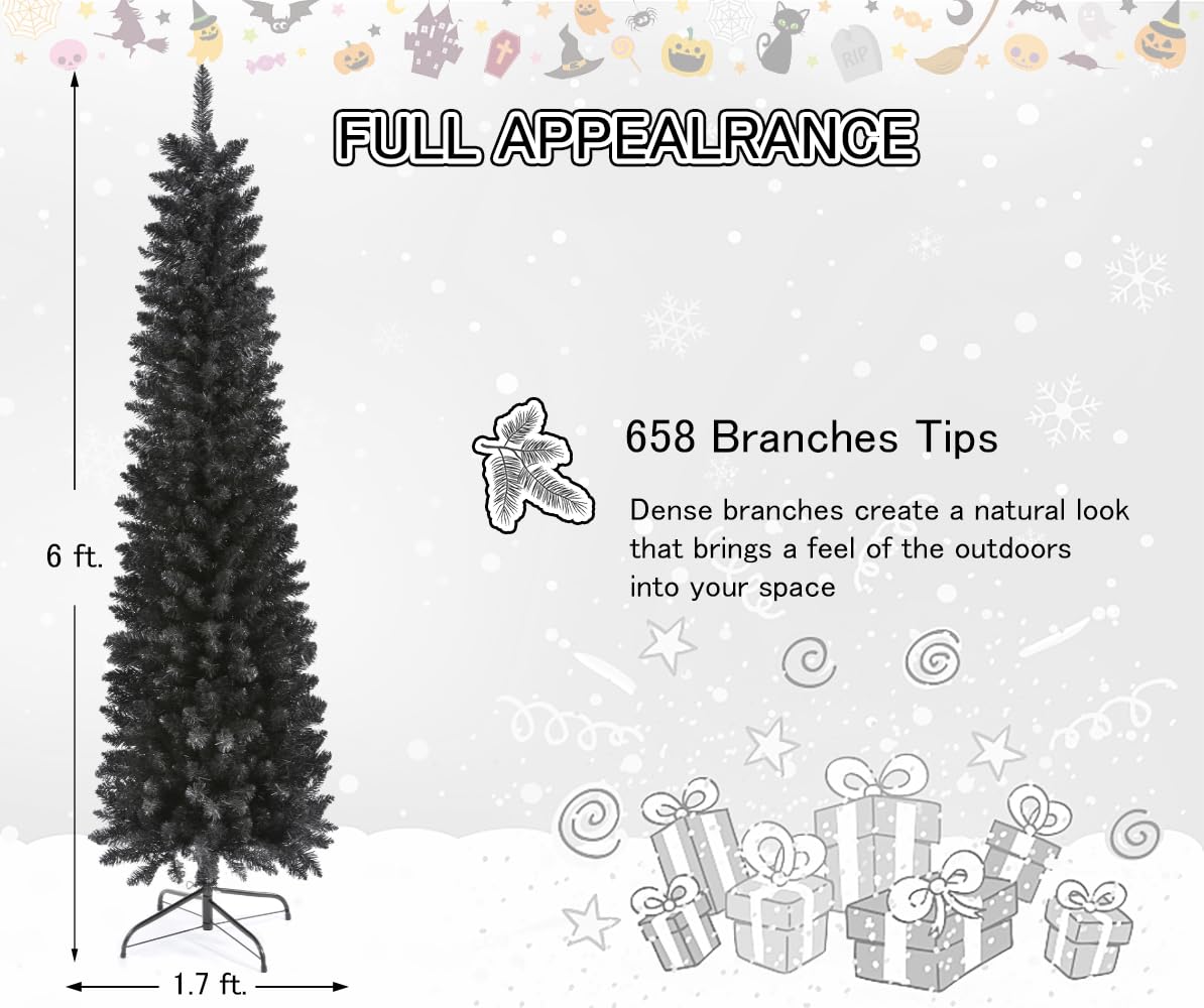 658 Tips Artificial Pencil Christmas Tree Halloween Tree, 6ft Pure Black Xmas Hallowmas Pine Trees with Metal Stand Perfect for Christmas/Halloween/Easter/Parties/Holiday Indoor Outdoor Decoration