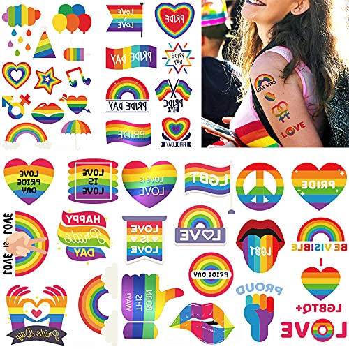 Pride Day Rainbow Temporary Tattoos, 73pcs LGBTQ Fake Tattoo Designs, Gay Parade Body Painting Party Celebration Personality Decoration, Waterproof Stickers, Heart Love Stripes Art Favor Supplies