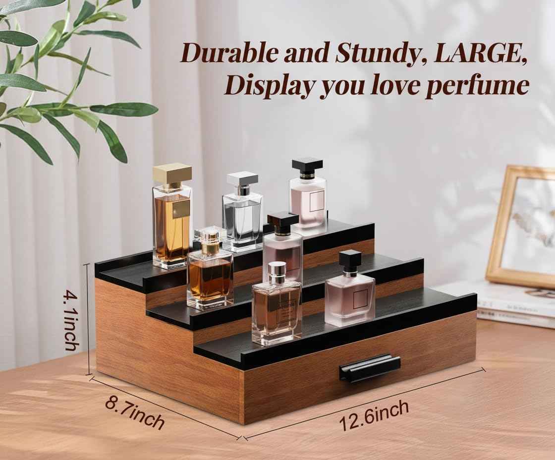 Cologne Organizer for Men – Black Wood Cologne Stand with Drawer & Storage, 3 Tier Perfume Display Holder for Bedroom, Office, Bathroom – Ideal Gift for Men, Father, Husband