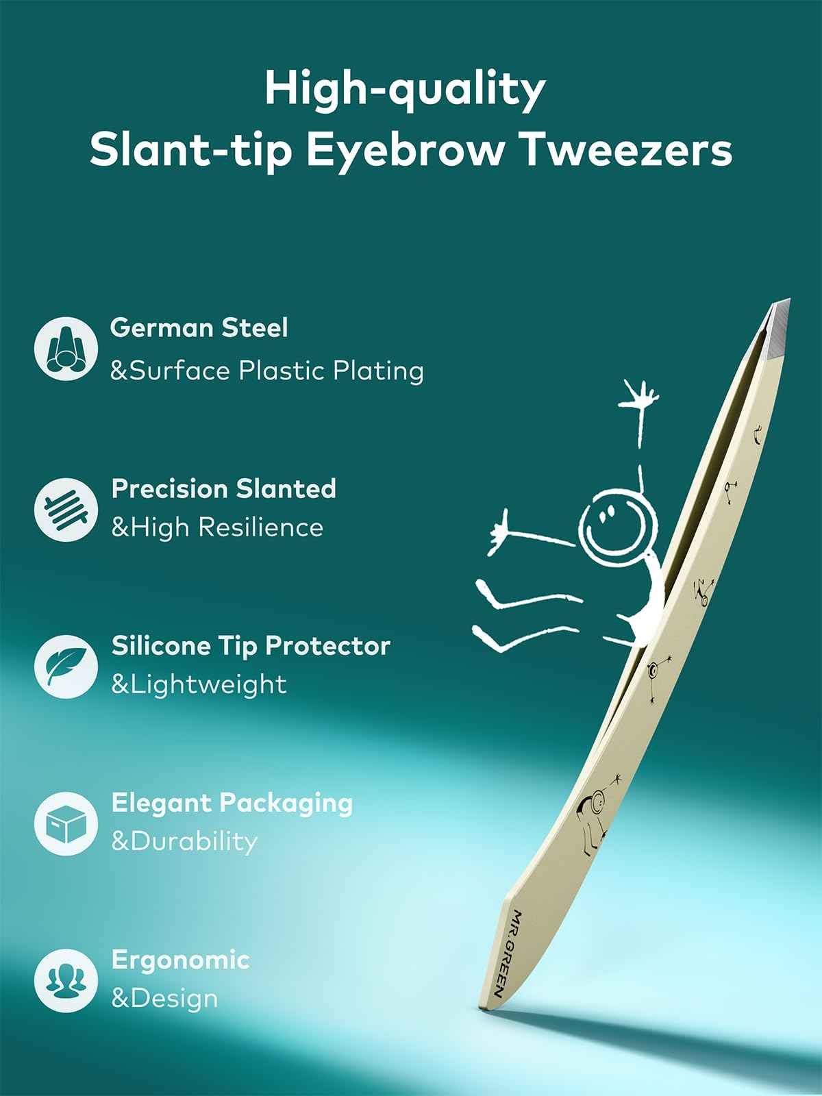 MR.GREEN Tweezers For Women Facial Hair, Professional Precision Eyebrow Tweezers for Women and Men, Stainless Steel Slanted Cute Hair Removal Plucker