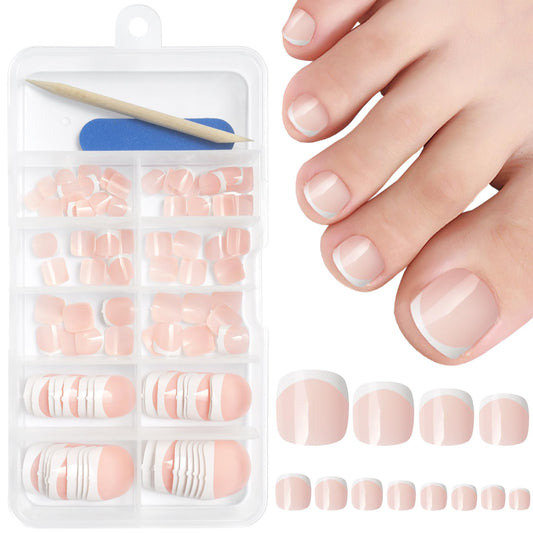 AddFavor 120pcs Nude Press on Toenails, French Press ons Toe Nails Short Square Full Cover Glossy Acrylic False Toes Nail Tips for Women Girls Foot Manicure