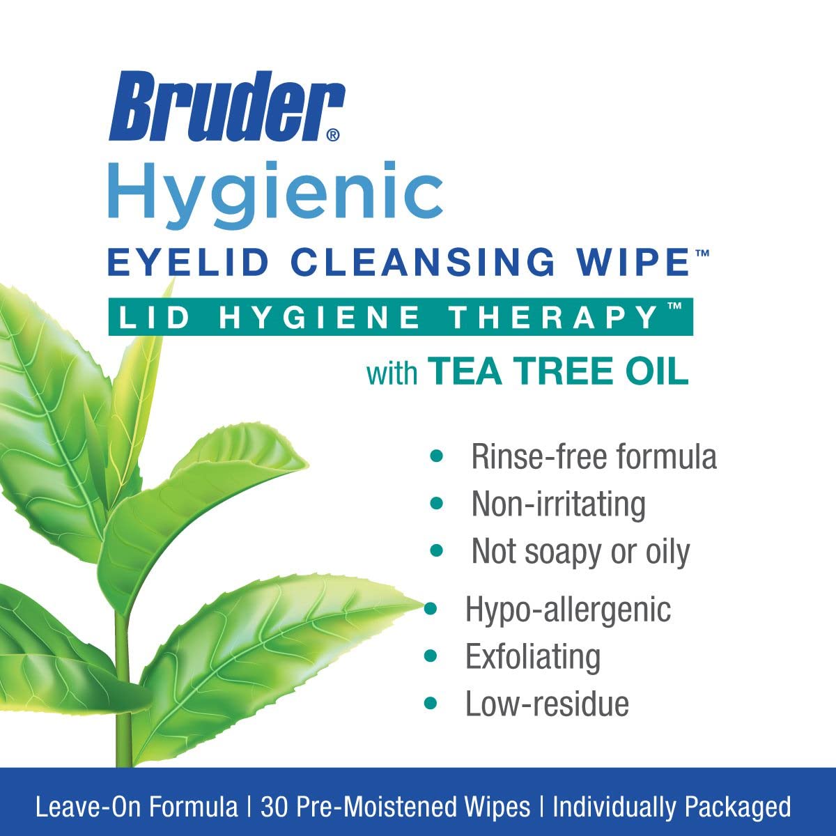 Hygienic Eyelid Cleansing Wipes with Tea Tree Oil, 30 Count Box, Bruder