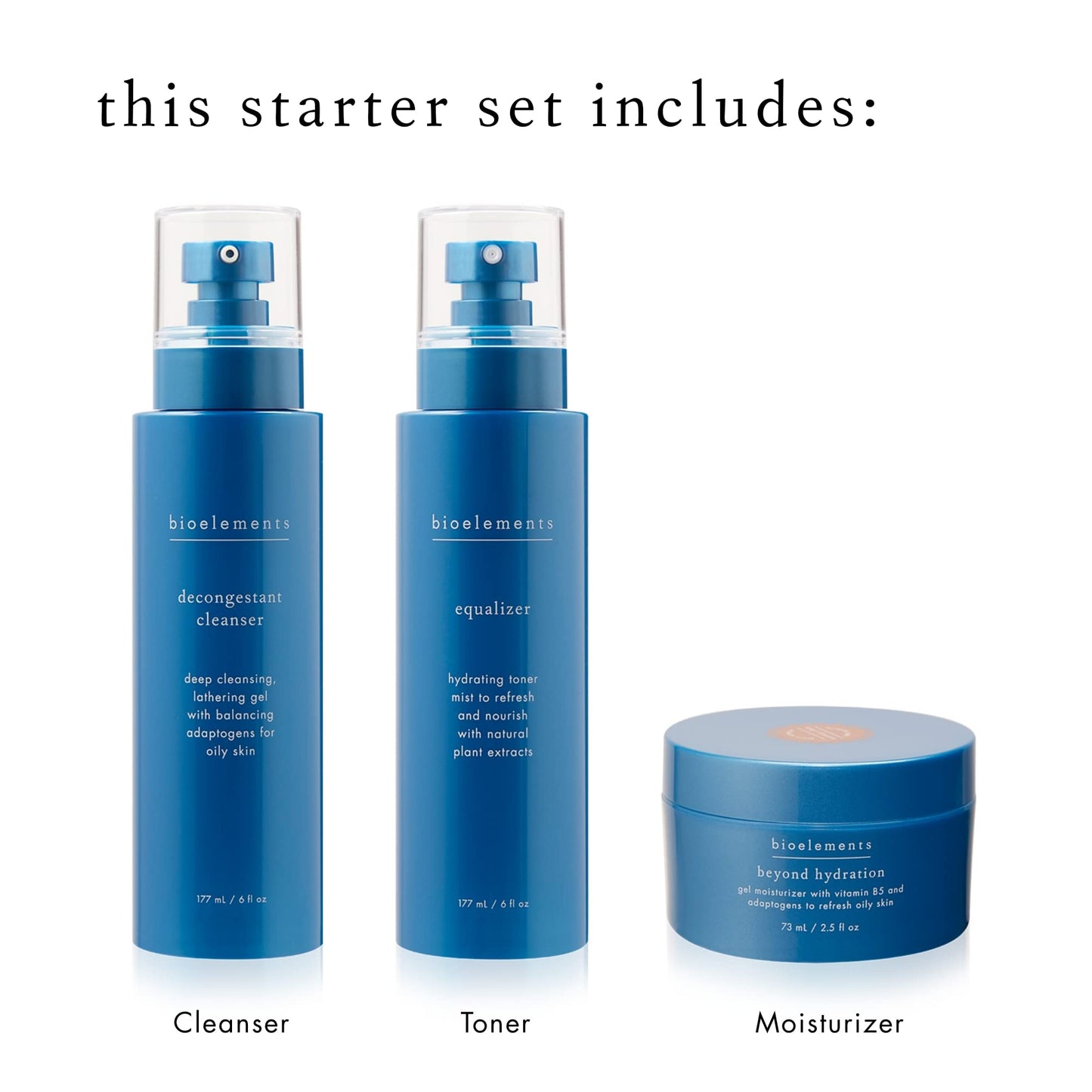 Bioelements 3-Step Starter Set: Oily Skin - Includes Decongestant Cleanser, Equalizer Toner & Beyond Hydration Moisturizer - Vegan, Gluten Free - Never Tested on Animals