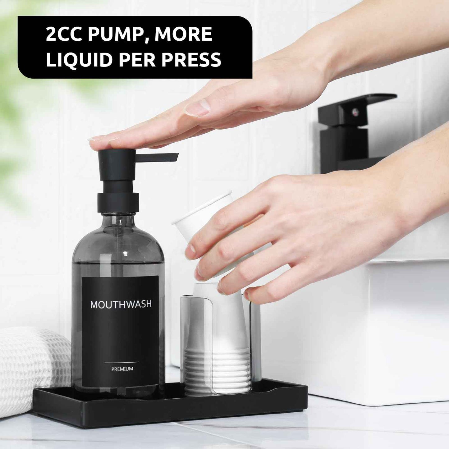 TOLDATLI Mouthwash Dispenser for Bathroom, Glass Mouth Wash Pump Dispenser with Cup Holder, 17 Fl Oz Mouthwash Bottle Decanter with Tray, Refillable Mouthwash Dispenser Container (Clear Black)