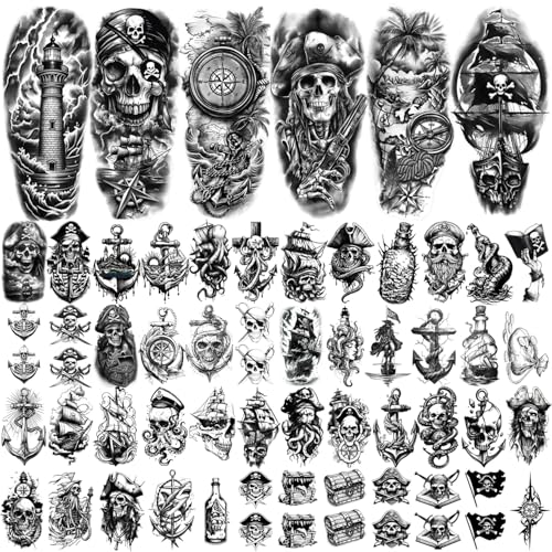 77 Pirate Temporary Tattoos - Nautical Sleeve Fake Tattoos