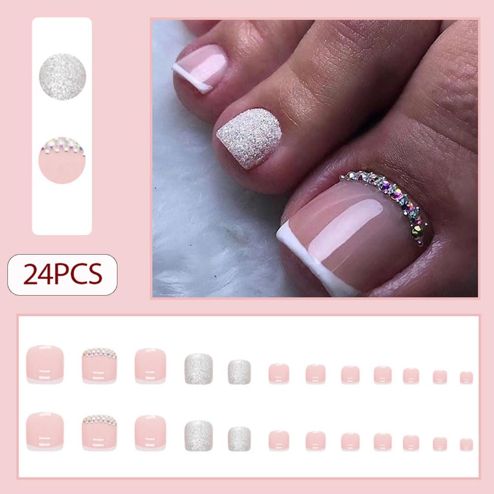 WAFOLOZE Press on Toenails Fake Toe Nails,Short Toe Nail Press ons,Glossy Toe Nails Press on Glitter&Rhinestones Design,Artificial Toenail Press on nails White French Tip Toe Nails for Women 24Pcs