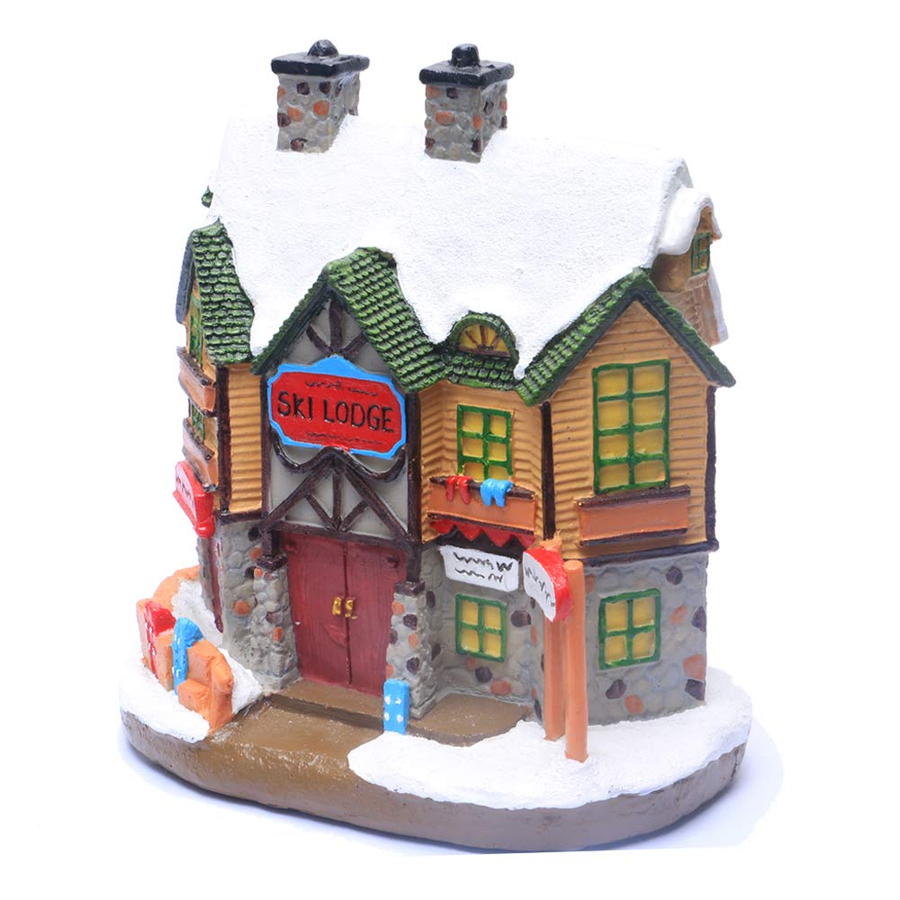 QPURP Christmas Village House, Polyresin Lighted Winter Ski Lodge Scene Decoration Christmas Ornament