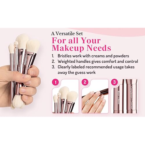 Jenny Patinkin Luxury Sustainable Mini Dual-Ended Makeup Brush Set, 4 Piece Professional & Travel Makeup Brushes with Case, Vegan, Cruelty-Free Brush Kit for Face and Eyes, Eco Friendly, On-The-Go Use
