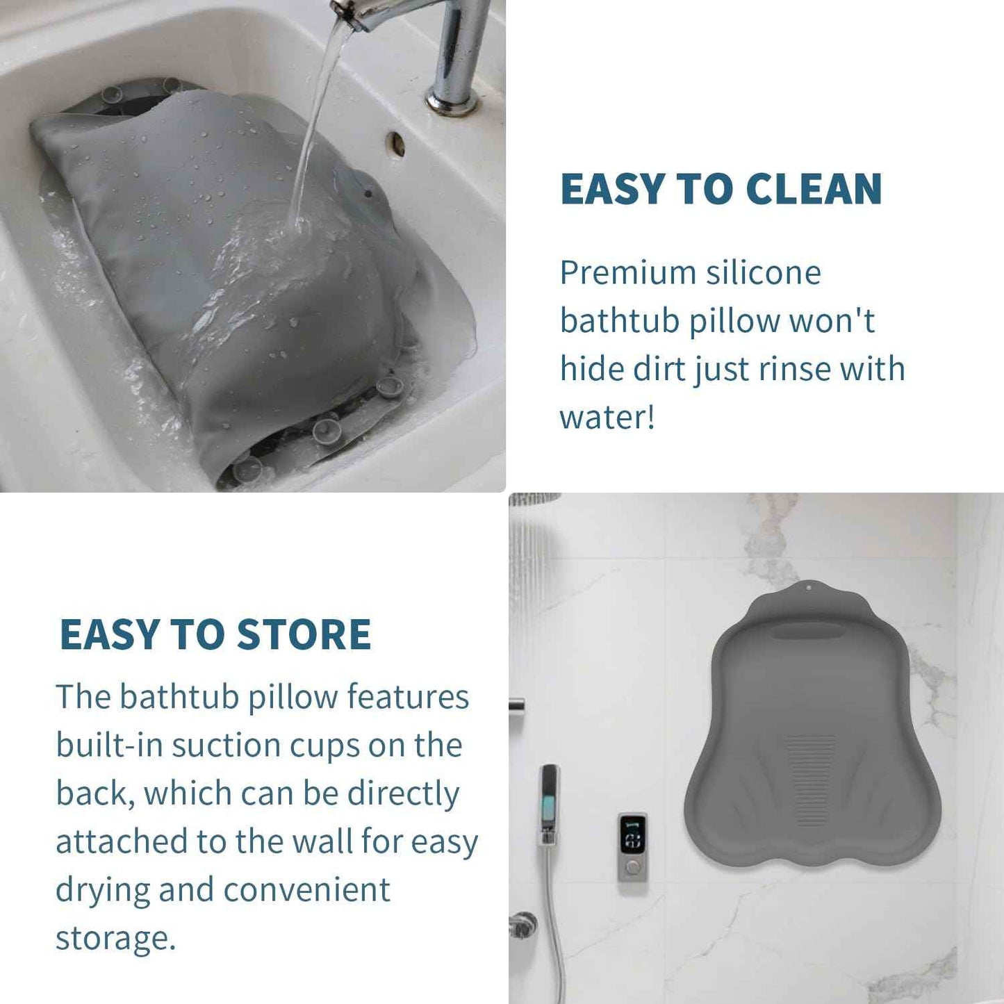 Silicone Bath Pillow for Tub – Ergonomic Bathtub Headrest with Inflatable Air Cushion, Non-Slip Suction Cups & Neck/Back Support – Comfortable Spa Bath Accessory for Relaxation (Grey)