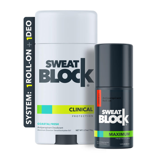 SweatBlock Antiperspirant Deodorant System - MAXIMUM CLINICAL STRENGTH for Men & Women - Hyperhidrosis Aid Up for to 7-Day Sweat Control - Roll-On 1.2 fl oz + 48-Hour Odor Protection Stick 2.7oz