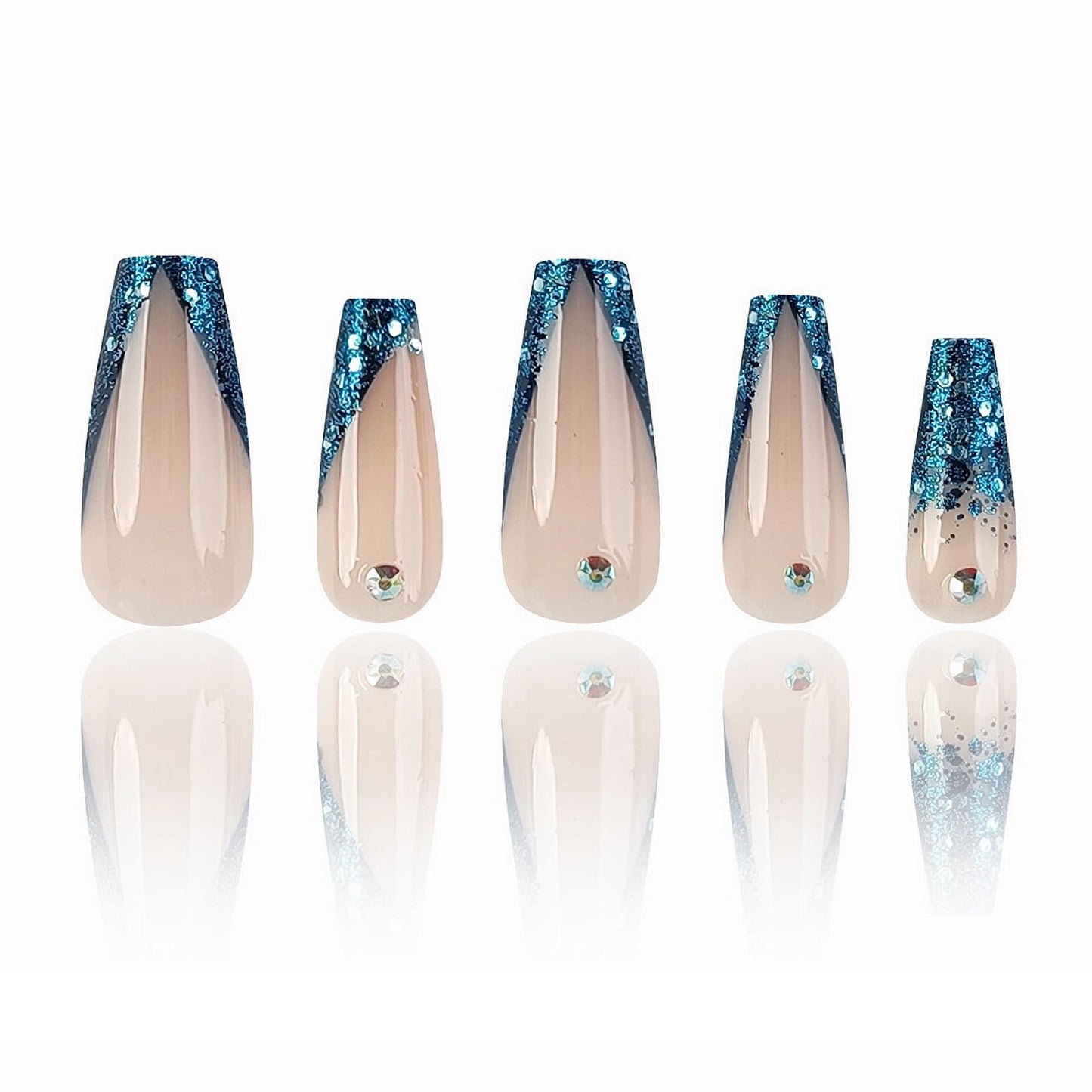 MISUD Press on Nails Long Coffin Fake Nails Glossy Glue on Nails Bling Blue Glitter French Tip Acrylic Nails Ballerina Artificial Nails Rhinestone Stick on False Nails with Design 24 pcs