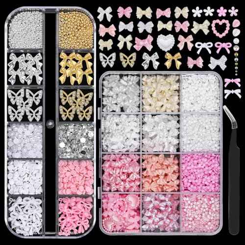 2 Boxes 3D Bow Nail Charms and Gems, Pink White Bows Flowers Heart Petals Nail Art Charms Gold Silver Alloy Bowknot Butterfly for Nails Flatback Pearls Rhinestones Caviar Beads for Women Nail Design