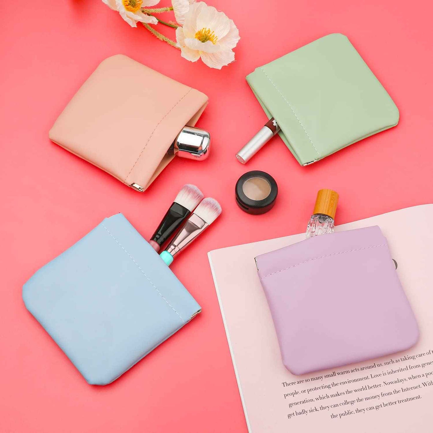 SAVITA 4pcs Pocket Cosmetic Bag Squeeze Top, Waterproof Portable Mini Travel Makeup Bag No Zipper Pocket Makeup Bags for Cosmetics Earphones Jewelry Storage (Light Colors)