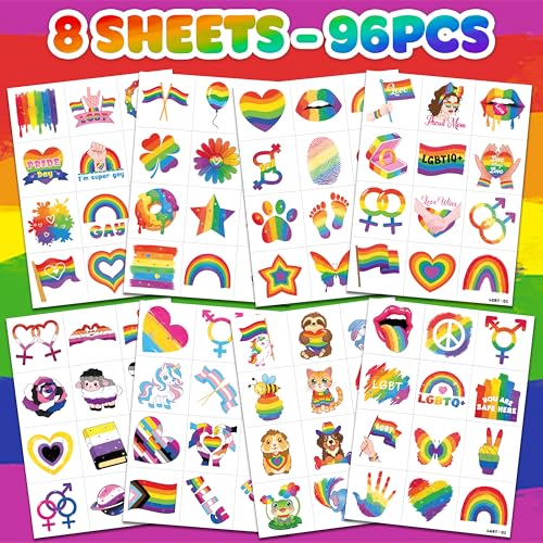 96PCS Happy Pride Month LGBT Rainbow Flag Pre-Cut Temporary Tattoos for Kids | Super Cute Themed Birthday Party Favors, Supplies, Decorations, Fake Tattoo Stickers, School Rewards & Gifts Boys & Girls