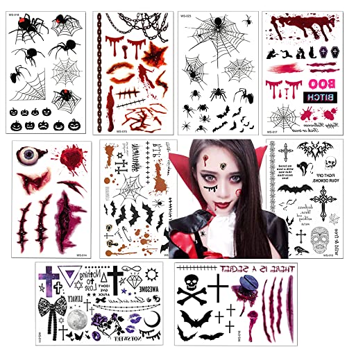 Halloween Temporary Tattoos - 9 Sheets Skull Spider Web Day of the Dead