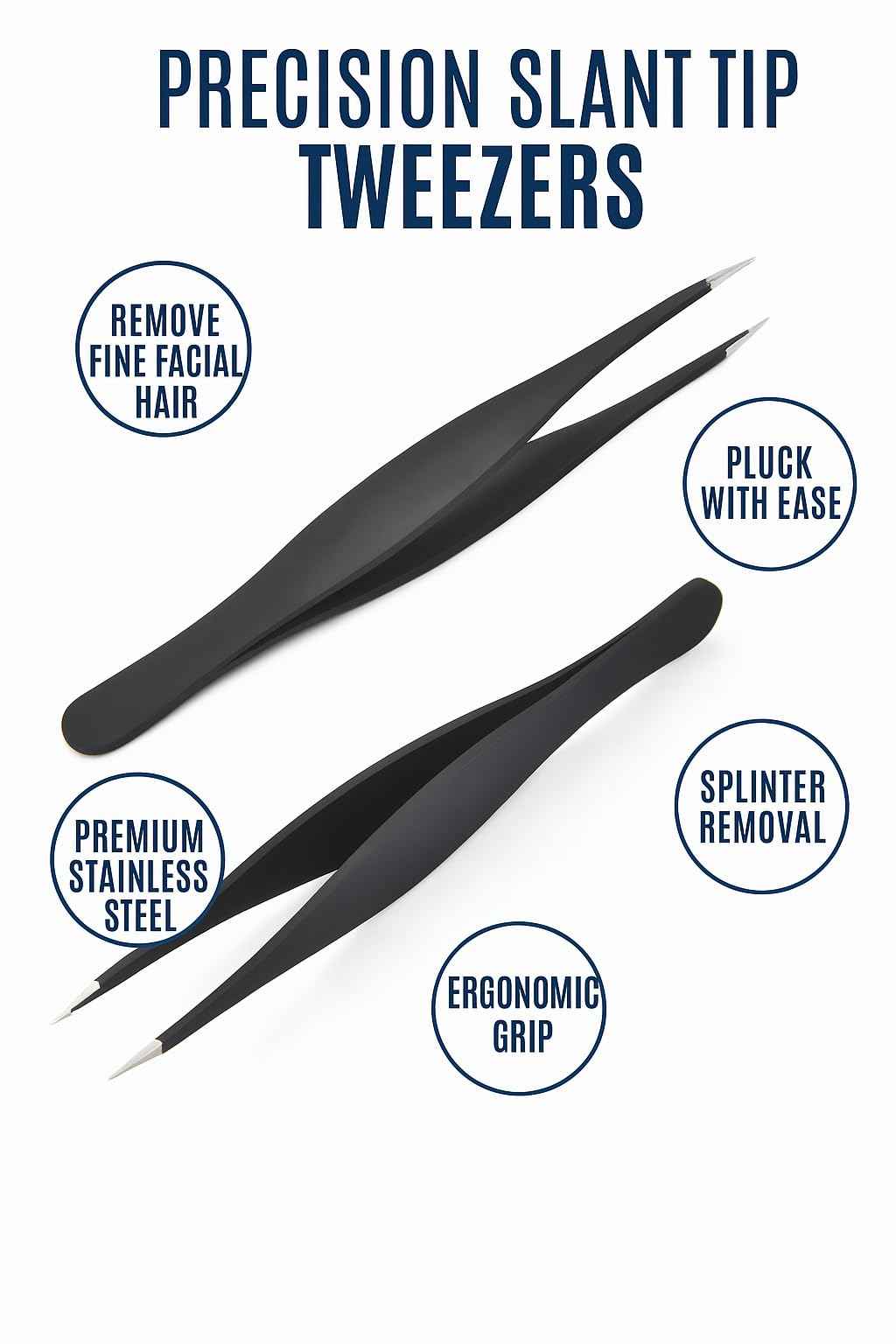 Stainless Steel Eyebrow Tweezers for Women & Men – Precision Tweezers for Facial Hair, Splinters, Ingrown Hair, Eyelash Extensions & Fine Detail Removal, Set of 2